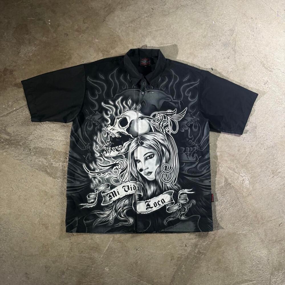 Vintage Y2K My Vida Loca Dragonfly Roadhouse Short Sleeve Button Down Shirt